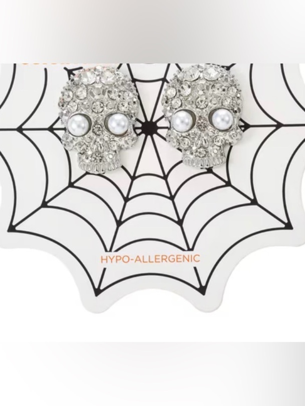Embellished Skull Halloween Earrings NWT Silver Crystal & Pearl Accents